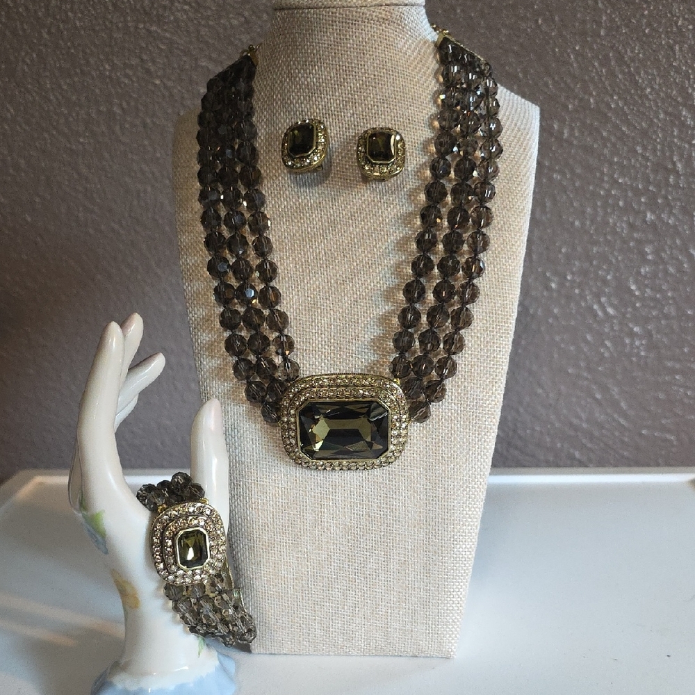 Vintage Heidi Daus Smoky Crystal  Jewelry Set with Gold Accents